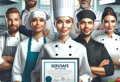 Food safety. An image depicting the concept of ServSafe certification in the food service industry. The foreground shows a diverse group of culinary professionals,