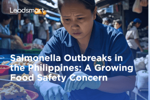 Salmonella bacteria under a microscope next to contaminated onions and raw chicken, highlighting food safety risks in the Philippines