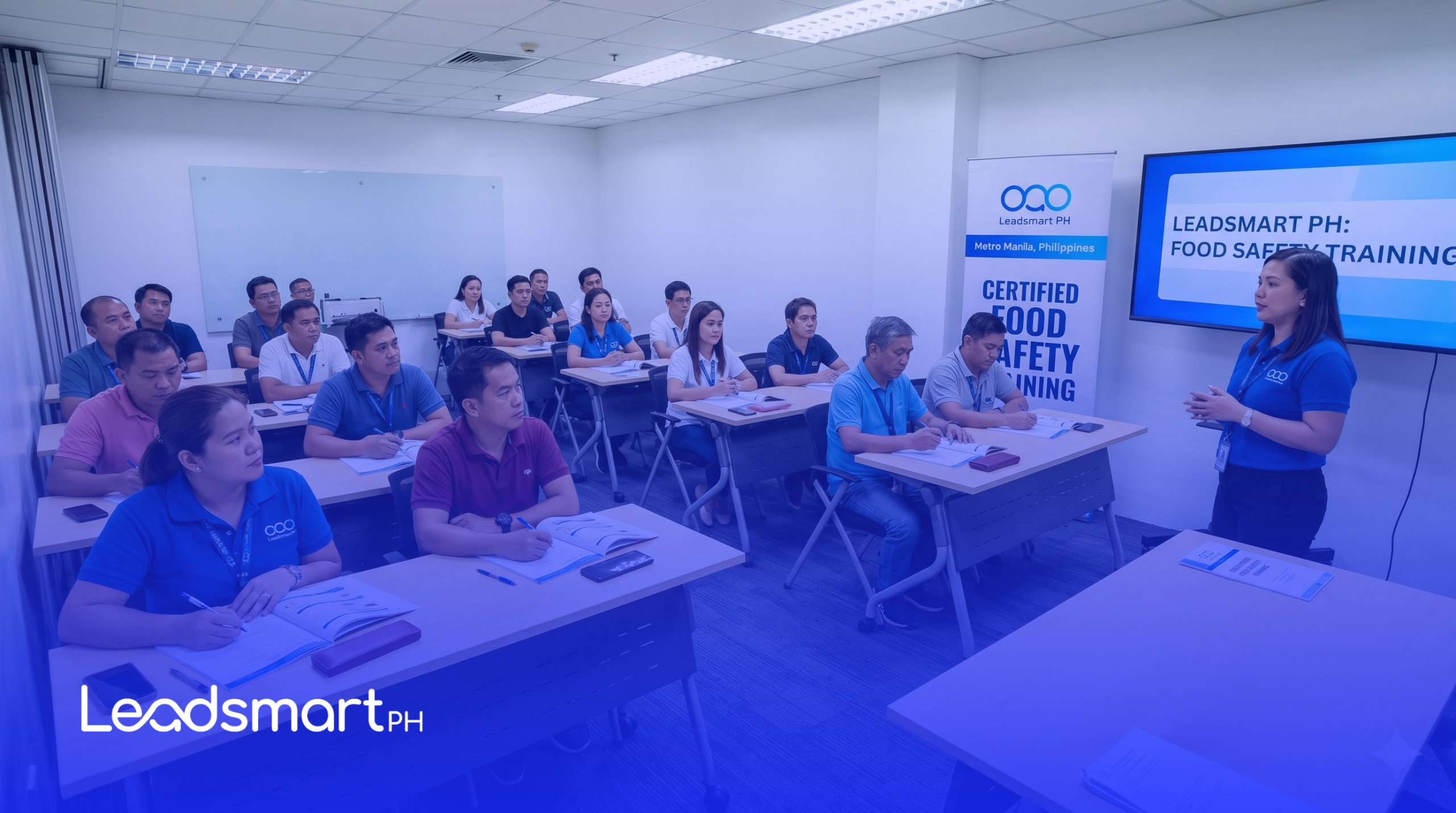 A photograph of a food safety training seminar for Filipino participants, conducted by Leadsmart PH. A female trainer presents at the front of a classroom, and multiple attendees are seated, observing the presentation on a screen and pull-up banners that read 'CERTIFIED FOOD SAFETY TRAINING'.