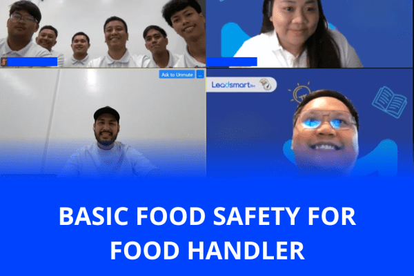 A grid view screenshot of Hielo Corporation employees and LeadSmart PH instructors smiling on a video call during their online basic food safety training session.