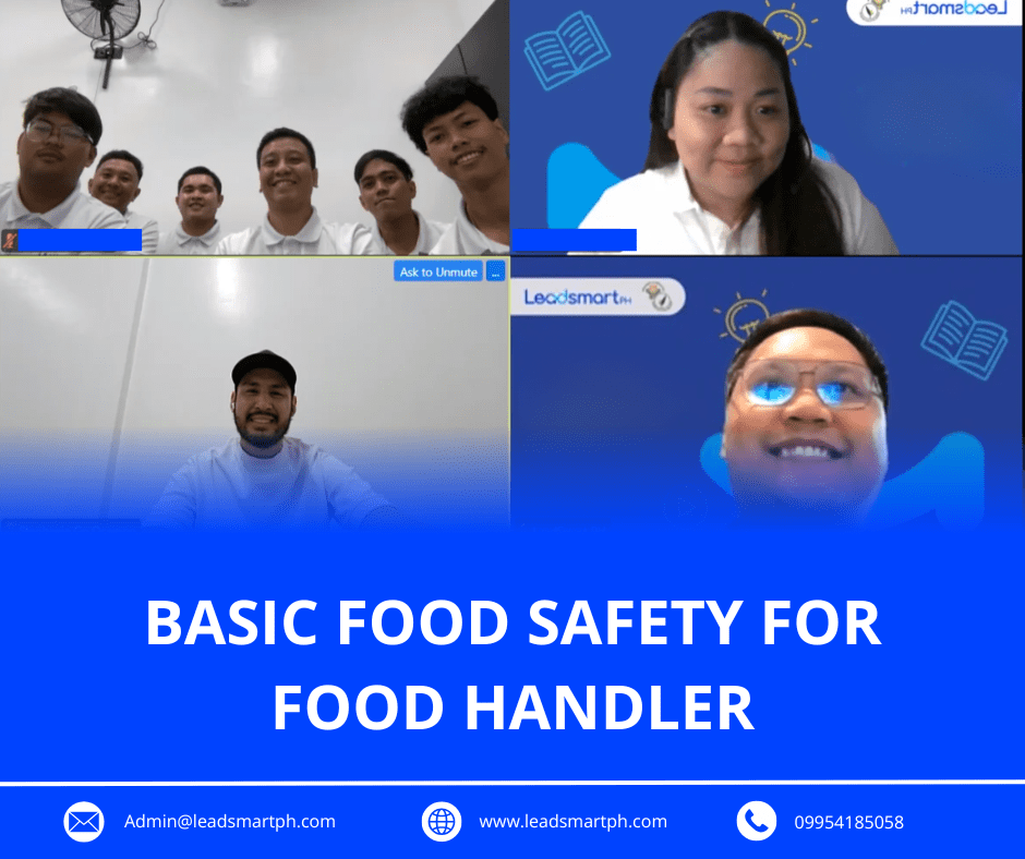 A grid view screenshot of Hielo Corporation employees and LeadSmart PH instructors smiling on a video call during their online basic food safety training session.